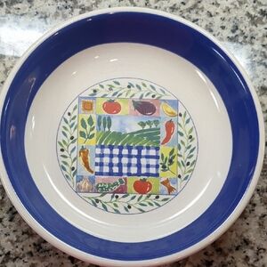 Pottery Barn Blue Rim Ceramic Dinner Plate with Vegetable Medallion